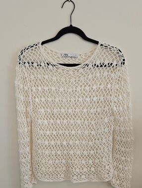 Zara Cream Open Crochet Knit Sweater